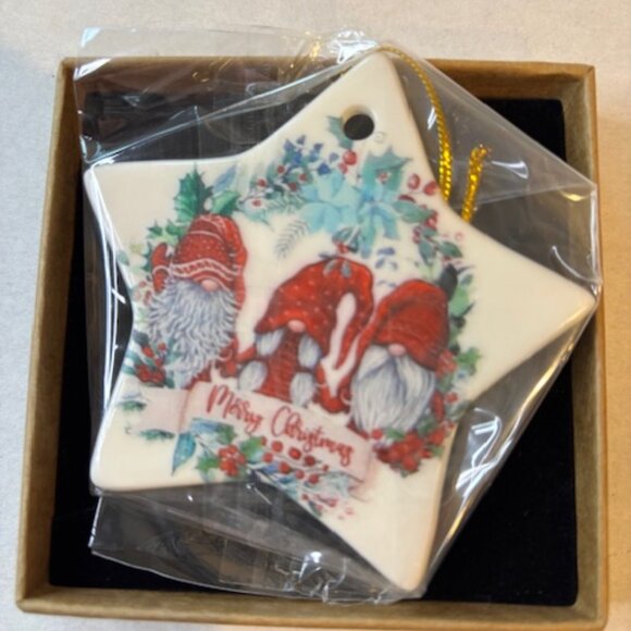 Christmas Porcelain/Ceramic Gnome Ornaments Hanging New in Box 3"x3" Set of 2 - Picture 2 of 6